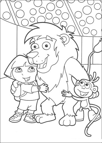 Lion, Dora And Boots  Coloring Page